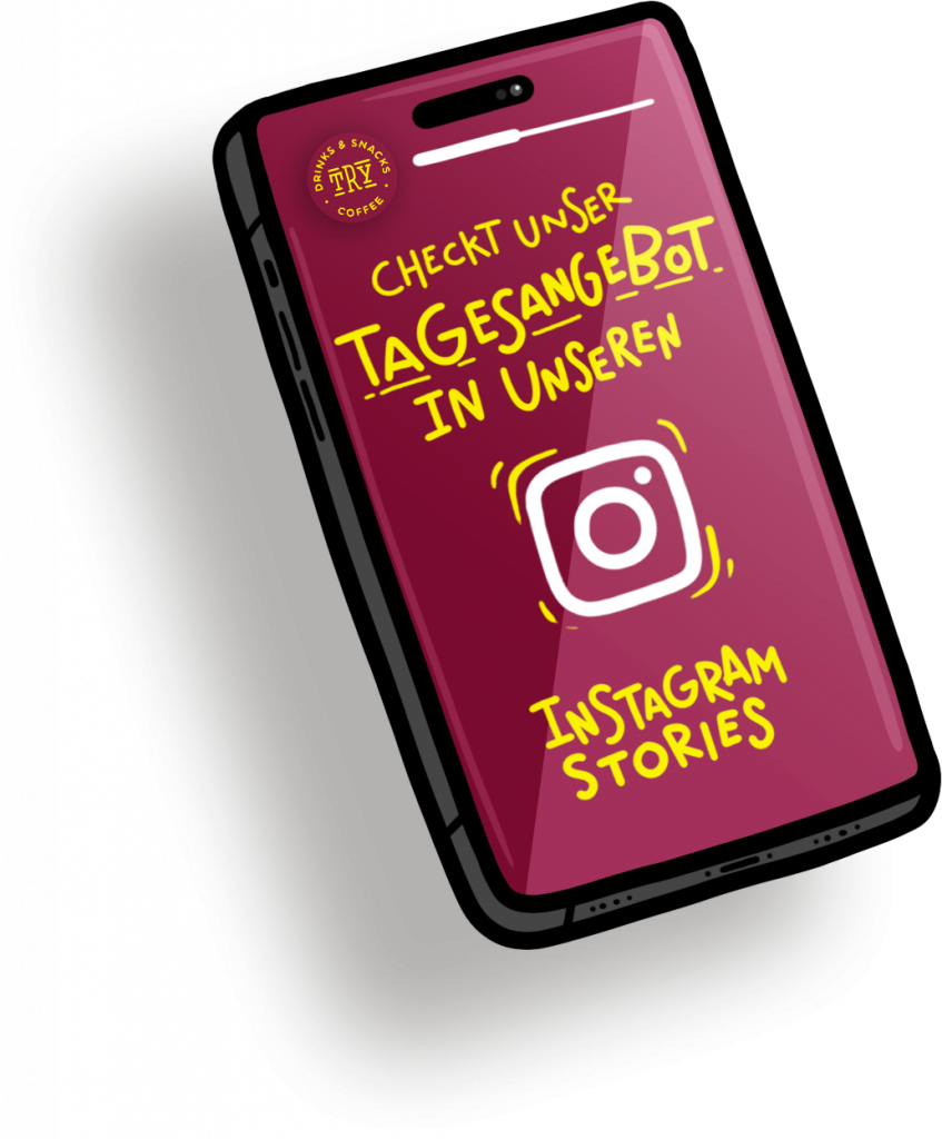 Illustration eines iPhones mit einer Instagram-Story. Die Story enthält den Text: ‘Checkt unser Tagesangebot in unseren Instagram Stories’ und fordert die Nutzer auf, das Tagesangebot anzusehen.